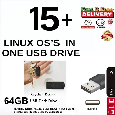 15+ Linux OS en unidad USB de 32 GB, Live EJECUTE O INSTALE Ubuntu Mint Kali Tails LOTES
