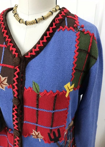 NWT QVC QUACKER FACTORY BLUE PUMPKINS SCARECROW CARDIGAN SWEATER SIZE S - Picture 5 of 12