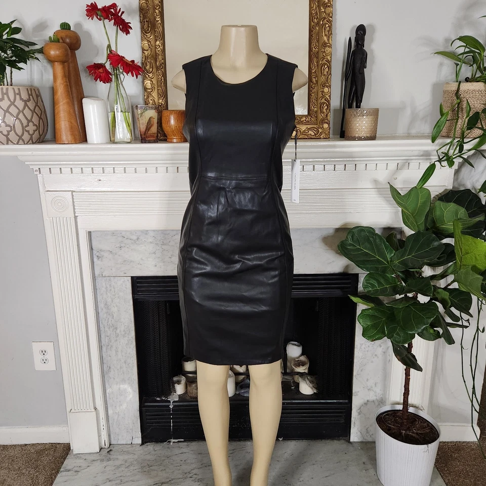 Vestido Calvin Klein Negro Imitación Cuero Talla 6 Corpcore Oficina Sirena Elastizado Foto 2 de 4