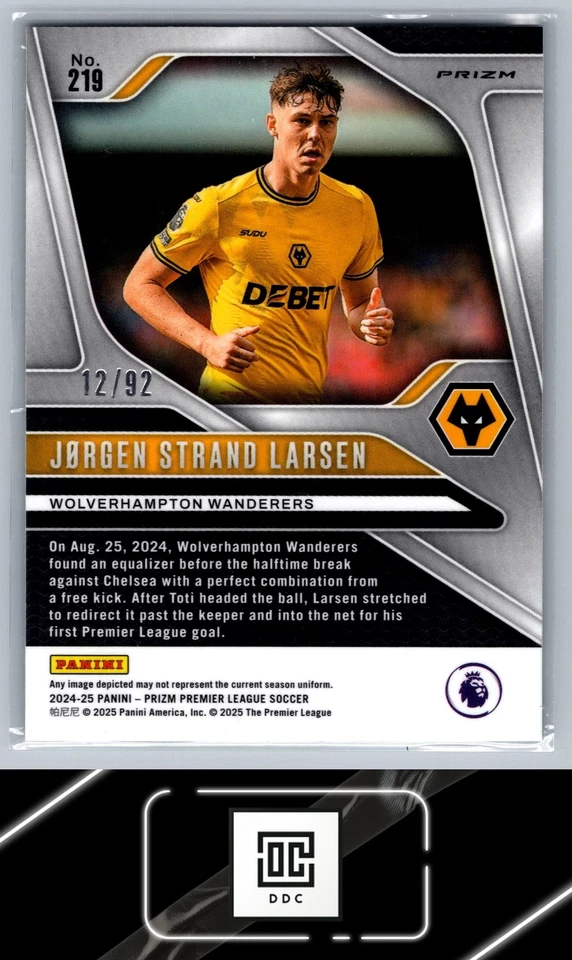 2024-25 Panini Prizm #219 Jorgen Strand Larsen Purple and White Stripes #/92 - Image 2 of 2