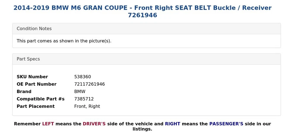 BMW M6 GRAN CUPÉ 2014-2019 - Hebilla/receptor de cinturón de seguridad delantero derecho 7261946 Foto 4 de 4
