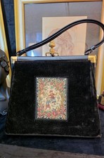 Vintage Petit Point Tapestry Handbag, Black Velvet, Floral Needlepoint