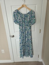 Loft Floral Off Shoulder Dress Sz M 10 Blue Green