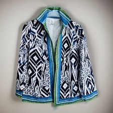 CHICO  s Size 0 US 4/6 Linen Blend Open Front Tribal Aztec Jacket Blazer Blue