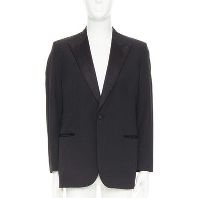 HERMES black wool blend satin peak lapel logo silk lined tuxedo blazer EU50 L