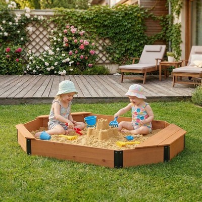 Octagon Sandbox with Storage for Kids Solid Wood Sandpit with Cover and Liner