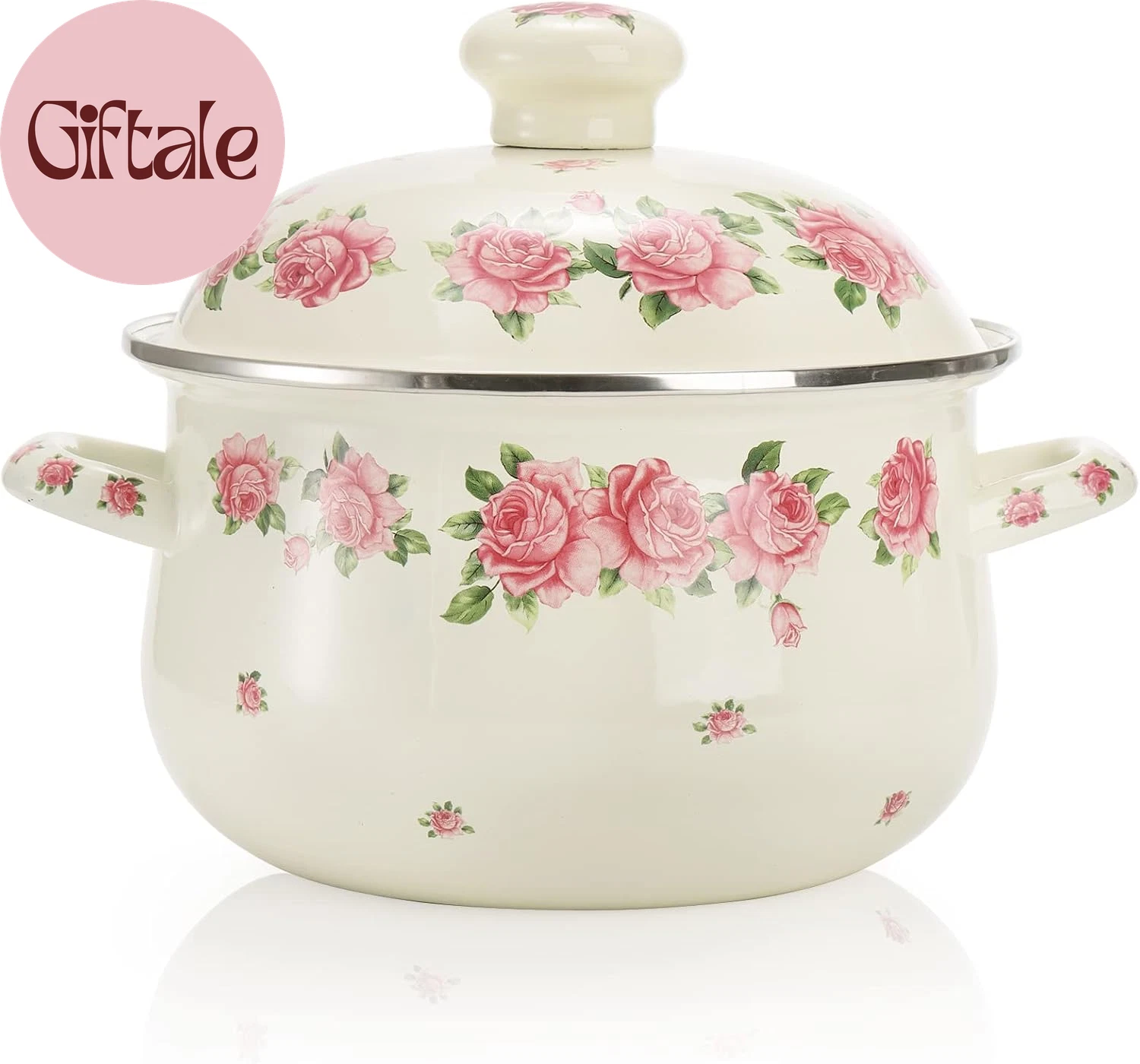 Enamel Stockpot with Lid, 2.8 Quart Retro Cooking Pot, Vintage Floral Stew Bean
