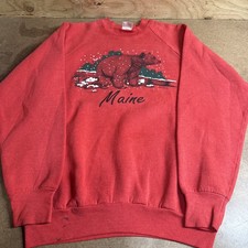 Vintage 90’s Maine Crewneck Sweater Size L Red Fruit Of The Loom Made In USA 