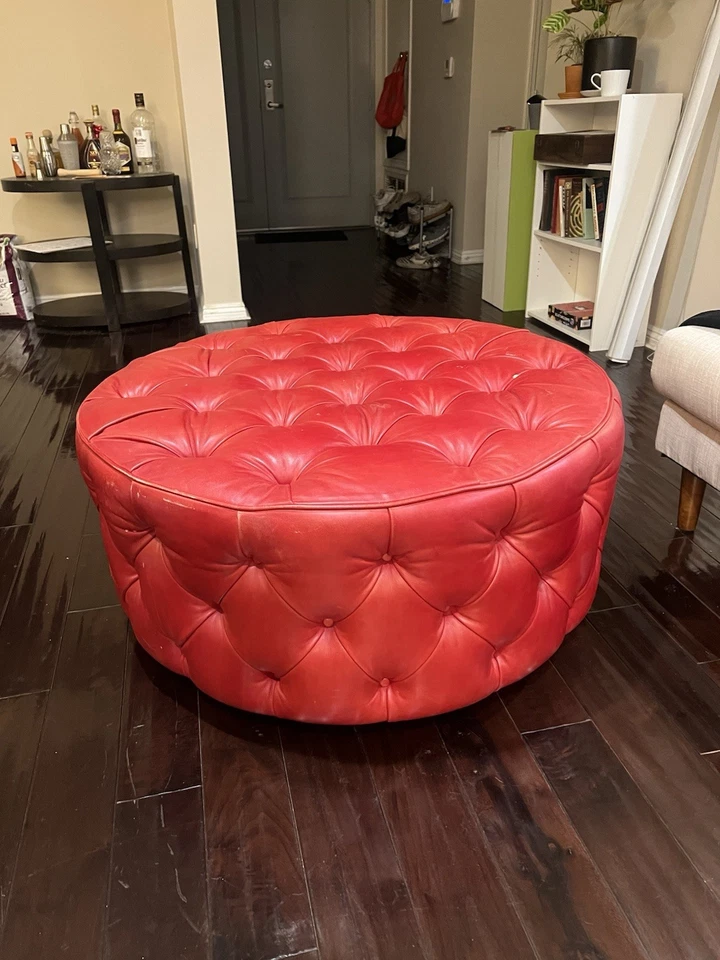 Red Leather Tufted George Smith Ottoman - Image 2 of 4