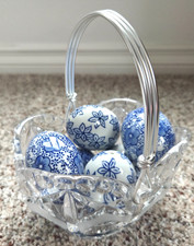 Ceramic Porcelain Easter Eggs Blue  White Flower Lot of 6 Hand Painted