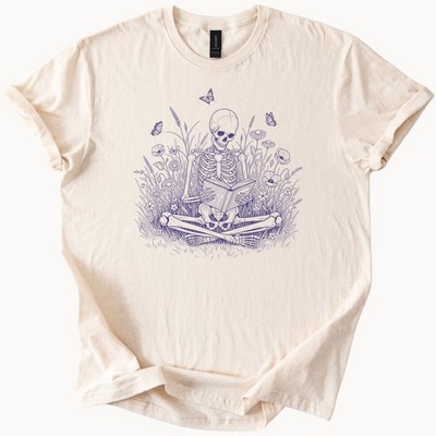 Skeleton Reading Shirt Book Lover Tee Nature Flowers Butterflies Graphic Tee
