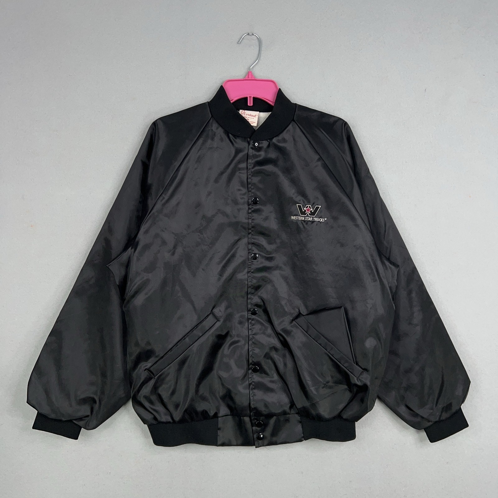 Vintage Western Star Trucks Jacket Mens XL Black Satin Bomber Cardinal USA 90s