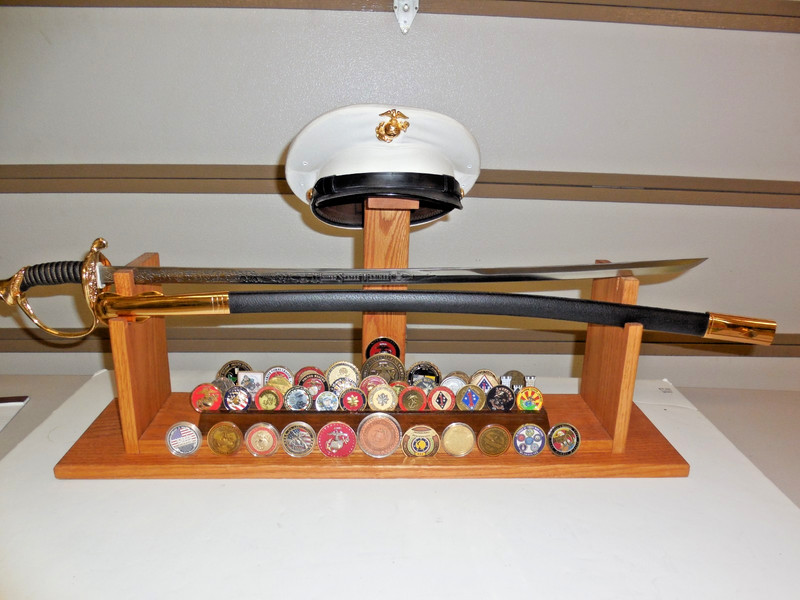 Marine Military Wood Rack wUSMC NCO Sword, Dress Blue Cover/Cap, Challenge Coins