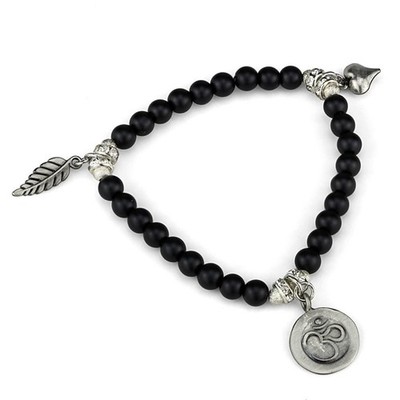 JCE3798 Antique Silver Brass Bracelet with Synthetic Glass Bead in Jet