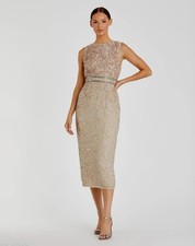 Mac Duggal Sleeveless High Neck Beaded Midi Sheath Dress in Nude 10509, Size 10