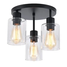 3-Light Industrial Farmhouse Black Matte Light Fixtures Ceiling Mount, with C...