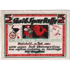 [#288989] Germany, Bielefeld, 5 Mark, 1921-07-15, UNC(63), Linen, Grabowski:16