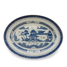 Vintage Blue and White Chinoiserie Pagoda Oval Serving Platter Porcelain China