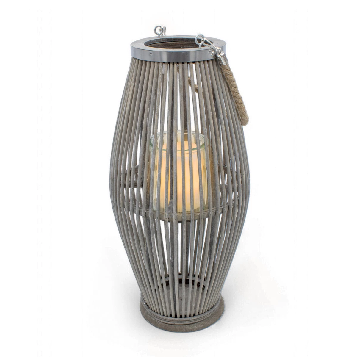 XXL Bambus Laterne grau mit Kerzen Glas - 50x24 cm - Garten Deko Holz  Windlicht | eBay.de