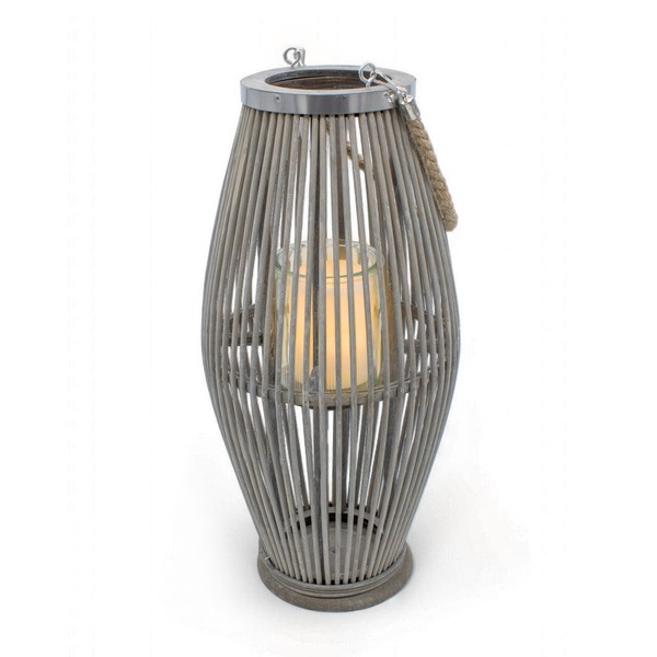 Xxl Bambus Laterne Grau Mit Kerzen Glas - 50X24 Cm - Garten Deko Holz Windlicht-image