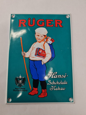 Rüger Hansi Dresden Schokolade Kakao Blechschild Emailschild 1990er 10 x 14 cm