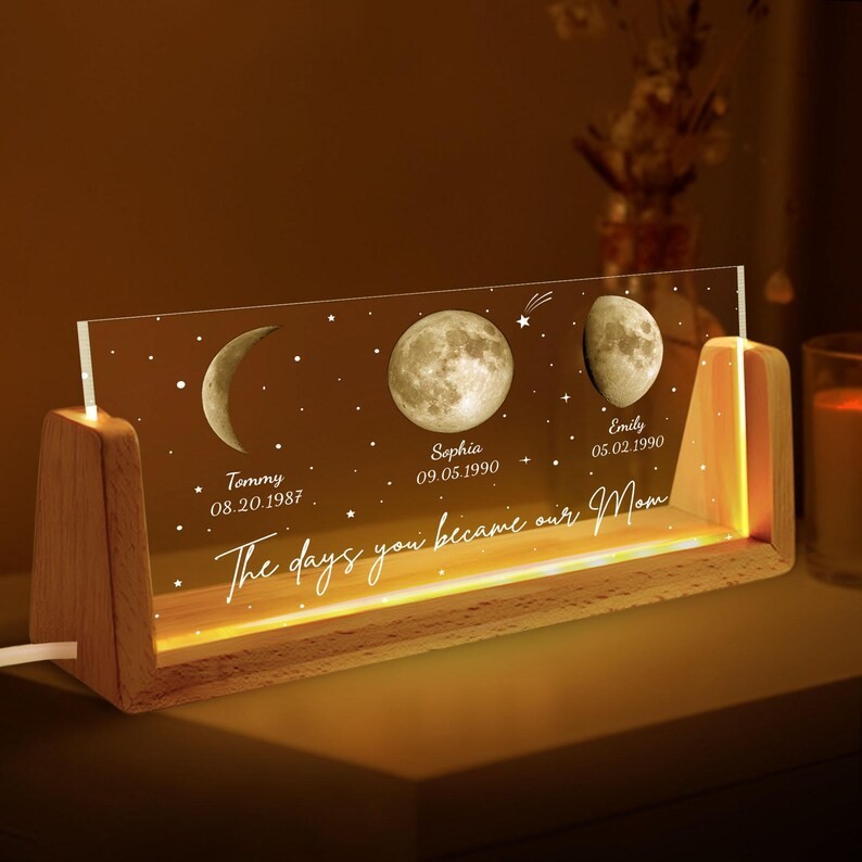 Custom Date And Family Name Night Light, Moon Phase Night Light With