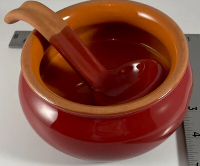 Crate&Barrel Red Pottery, Ceramic, Stoneware. Salsa Bowl. Ladle Included