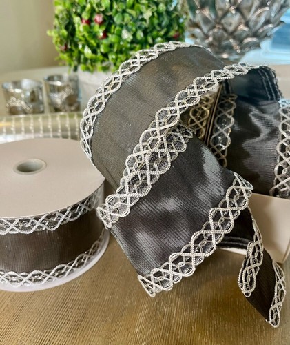 12 x Rolls Silver Grey and White roll of wire edge ribbon 6cm x 9 meters - Picture 3 of 4