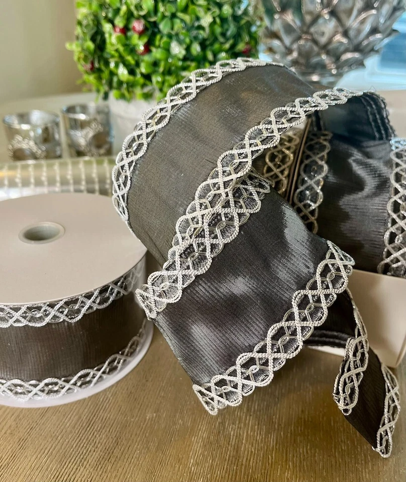 12 x Rolls Silver Grey and White roll of wire edge ribbon 6cm x 9 meters - Image 3 of 4