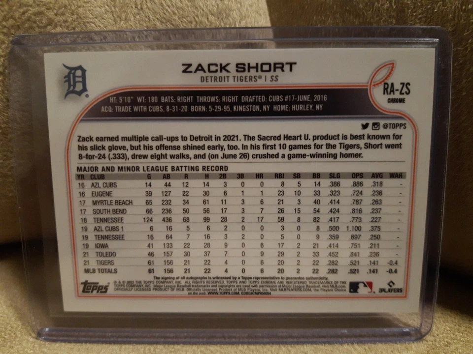 2022 Topps Chrome Rookie Auto RA-ZS Zack Short Tigers Autograph RC - Image 2 of 2