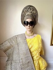Gold Mercury Aso Oke Auto Gele, African Headgears, Auto-Gele, Autogele