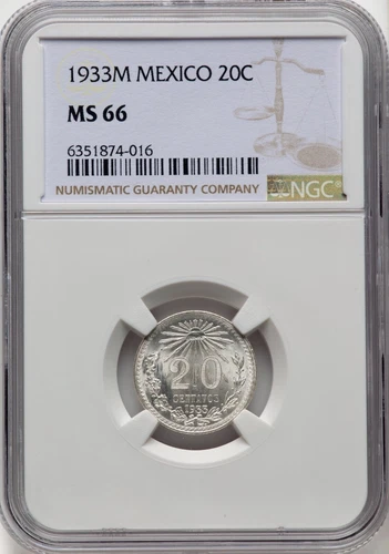 MEXICO ESTADOS UNIDOS 1933  20 CENTAVOS COIN NGC CERTIFIED GEM UNCIRCULATED MS66