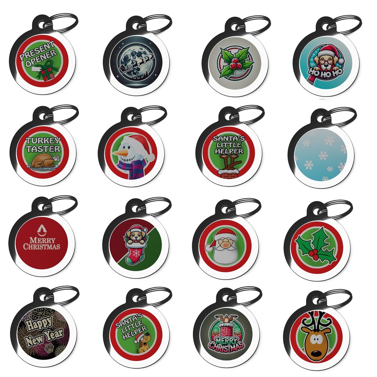 Christmas Festive Holiday Pet ID Tags for Dogs Cats Holly Santa