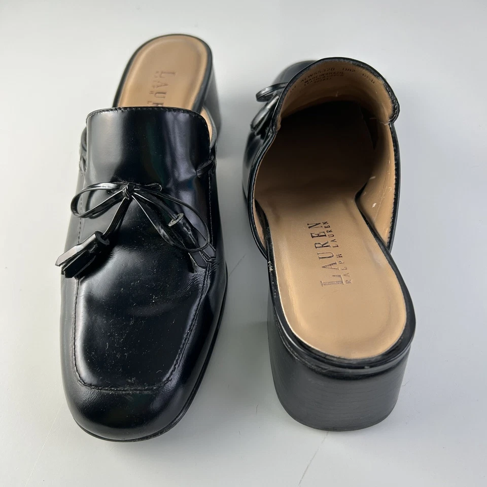 Zueco de mula de charol negro para mujer Lauren Ralph Lauren Beth borlas 6,5 Foto 3 de 4