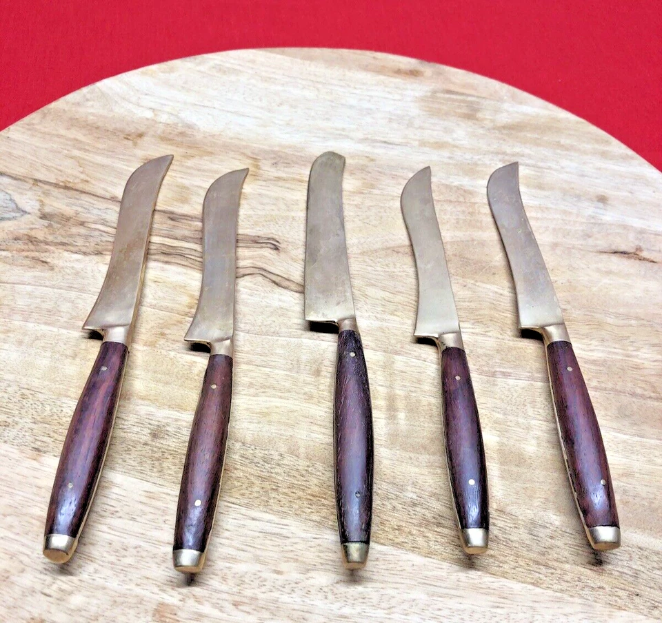 Antique Colonial Gold Tone Knives Handmade Brass England Steak Butter NICE! - Image 3 of 4