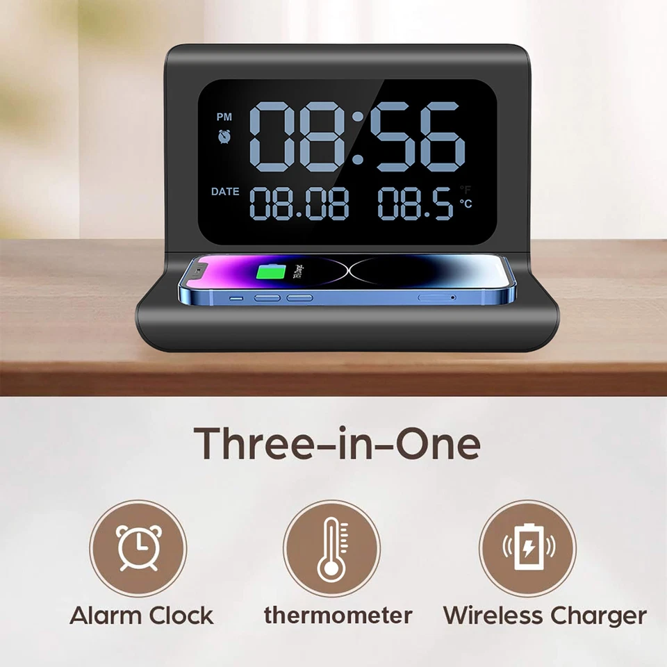 3in1 Alarm Clock Wireless Charger Dock Thermometers For iPhone 16 15 Samsung S24 - Image 3 of 4