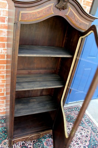 French Antique Louis XV Cabinet 1 Door 3 Shelves Inlaid Glass Display Case - Picture 10 of 12