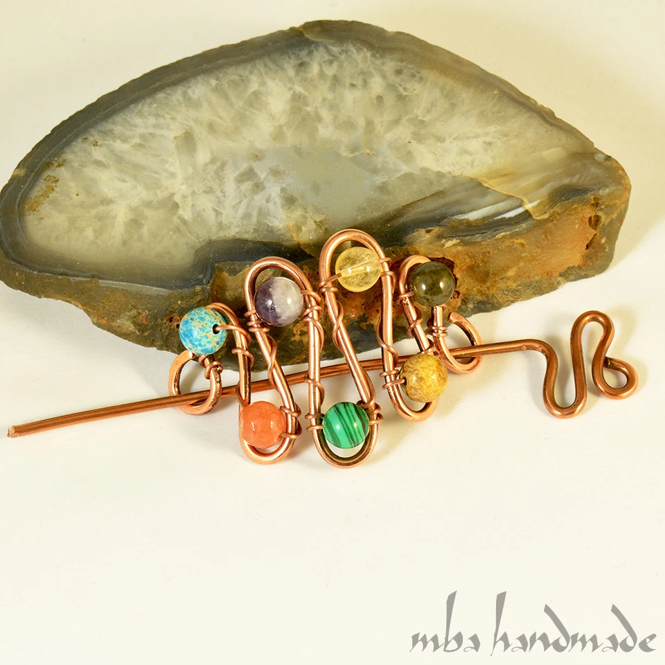 7 chakras piedras preciosas naturales cuentas de cristal brazalete de cabello alambre de curación Reiki envuelto Foto 2 de 4