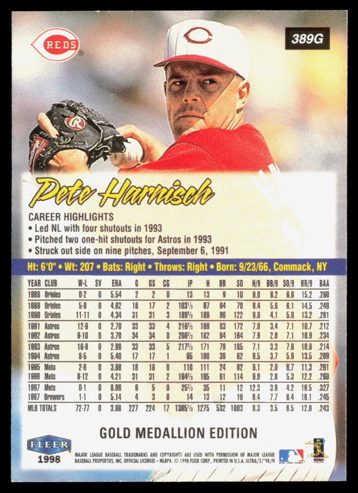 Pete Harnisch 1998 Ultra Gold Medallion #389G - Image 2 of 2