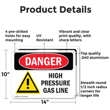 (2 Pack) High Pressure Gas Line OSHA Danger Sign Decal Metal Plastic