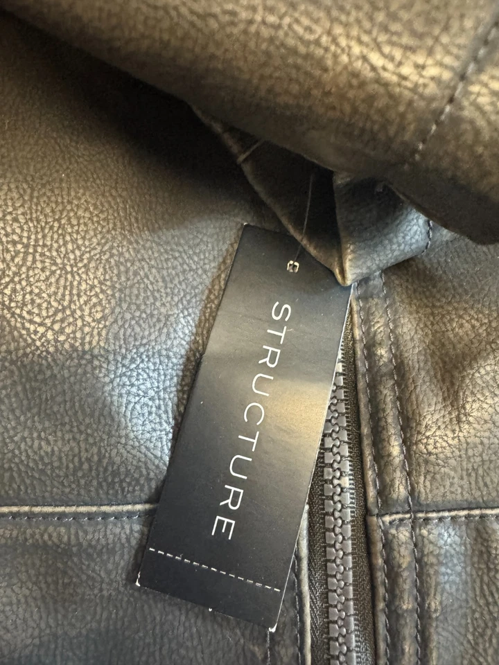 Structure Leather Jacket Men's Large Black Sherpa Lined Full Zip Warm Jacket - Image 2 of 4