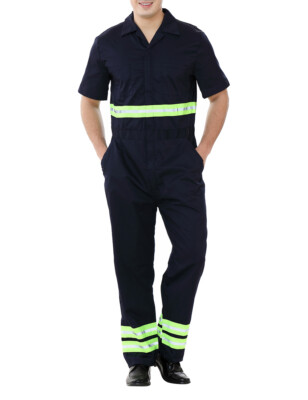 Mens Short Sleeve Coverall with Reflective Tape Hi Vis Workwear Safety  Jumpsuit