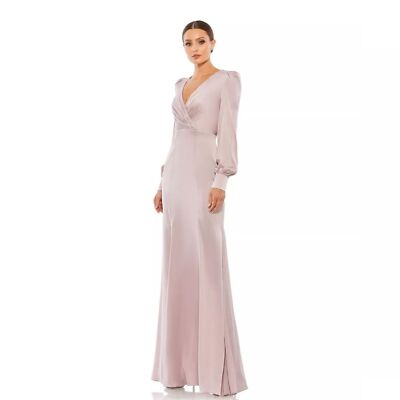 Ieena for MacDuggal Atherial Satin Ruched Bishop Sleeve Long Prom Gown Pink  SZ 0 | eBay