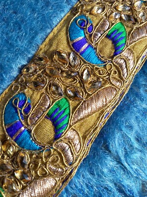 Paar handgefertigte blaue Mohair Gold Satin Stoff Kissen Pfau Zargozi Zopf 18 Zoll 