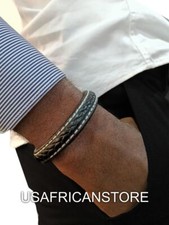 Black  Brown Leather Men Bracelet, Braided Leather Cuff with Magnetic Clasp