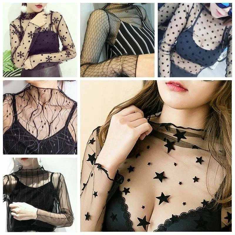 Women Sheer Mesh Fish Net Ladies Long Sleeve See Through Crop Top T Shirt Blouse - Image 3 of 4