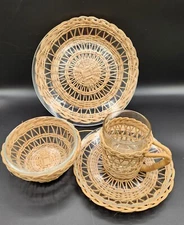 BOHO Rattan Wicker Covered LIBBEY Glass Dinnerware Place Setting Plates Bowl Cup