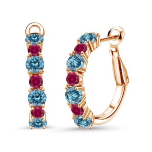 Authentic 18K Rose Gold Plated Silver Blue Lab Grown Diamond and Created Ruby Hoop