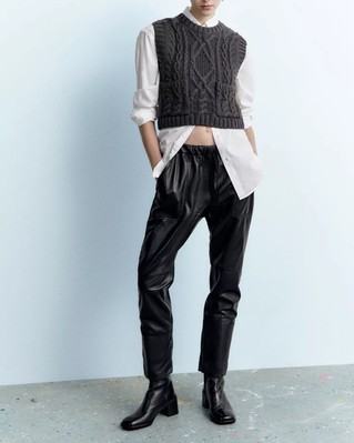 ZARA Gilet Donna Corto in Maglia a Trecce Grigio con Tasche