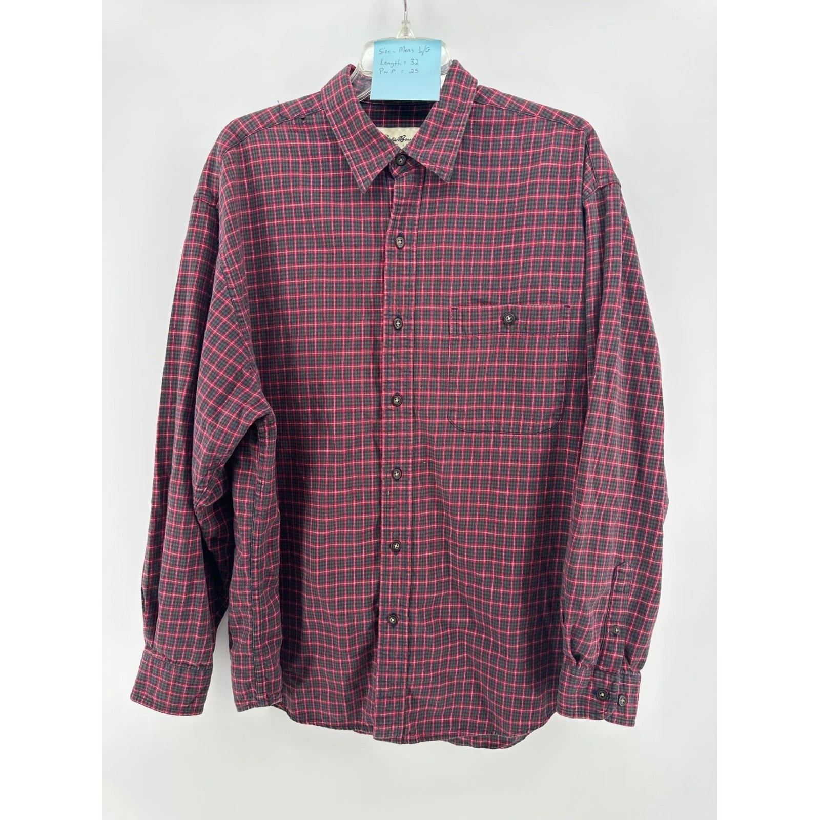 Eddie Bauer Mens Large Red Plaid Flannel Button Down Shirt Long Sleeve Cotton